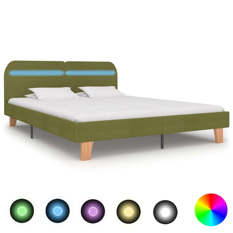 Bed Frame with LED without Mattress Green Fabric 150x200 cm King Size