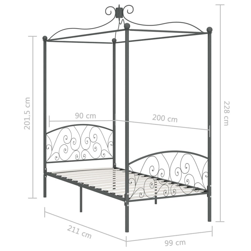 284480  Canopy Bed Frame without Mattress Grey Metal 90x200 cm