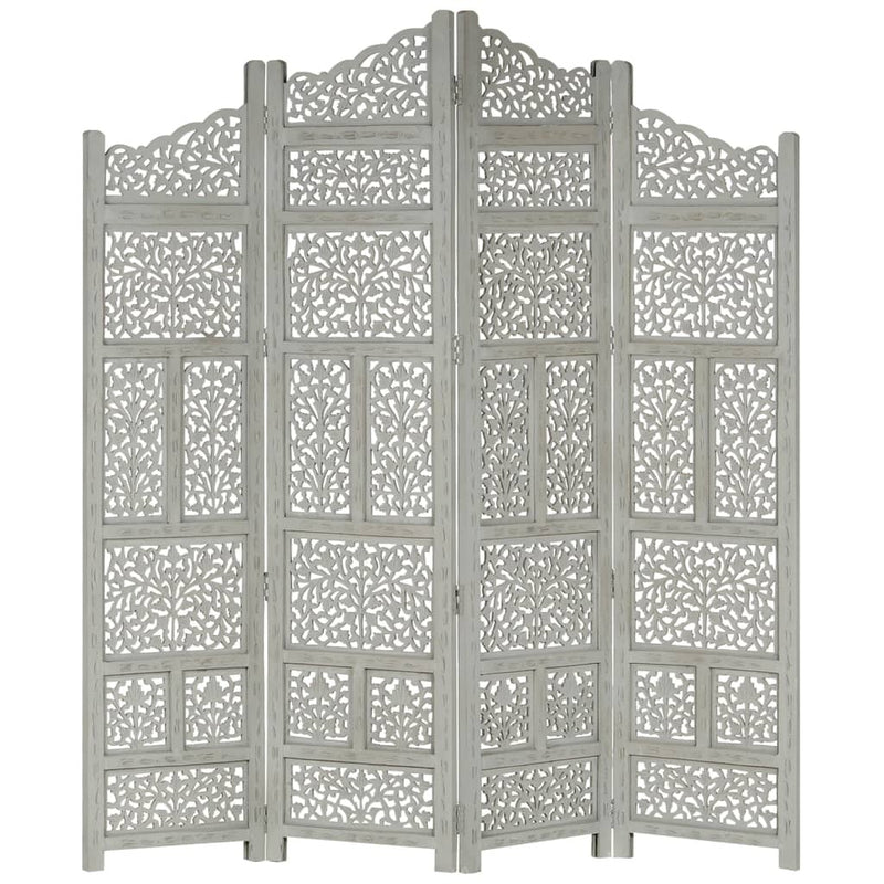 Hand carved 4-Panel Room Divider Grey 160x165 cm Solid Mango Wood