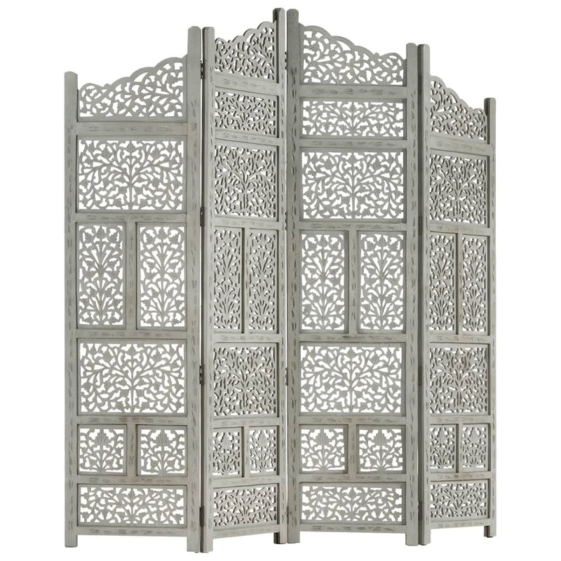 Hand carved 4-Panel Room Divider Grey 160x165 cm Solid Mango Wood