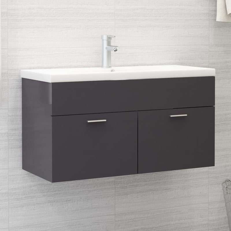 Sink Cabinet with Built-in Basin High Gloss Grey Engineered Wood