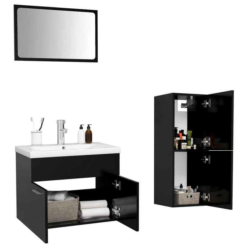 Bathroom Furniture Set Black Engineered Wood