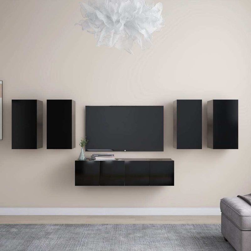 6 Piece TV Cabinet Set Black Engineered Wood