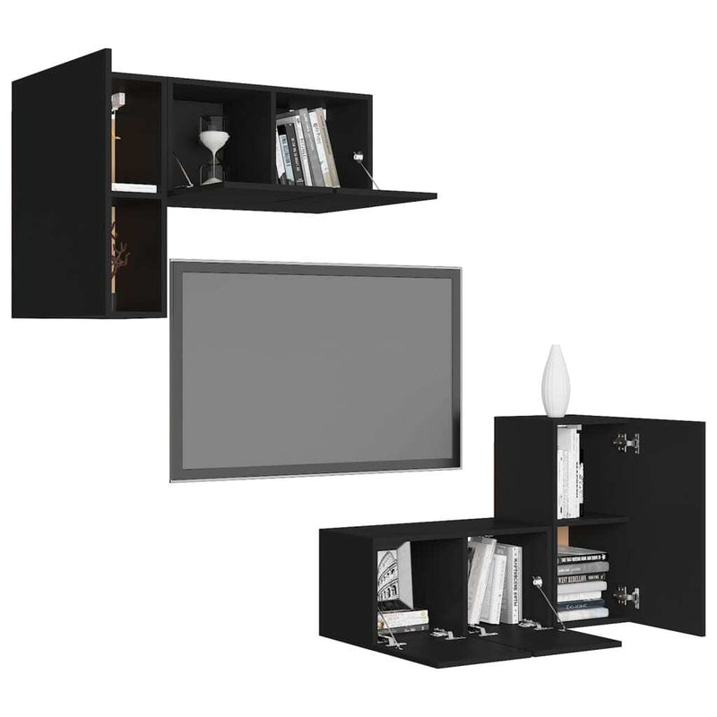 4 Piece TV Cabinet Set Black Engineered Wood