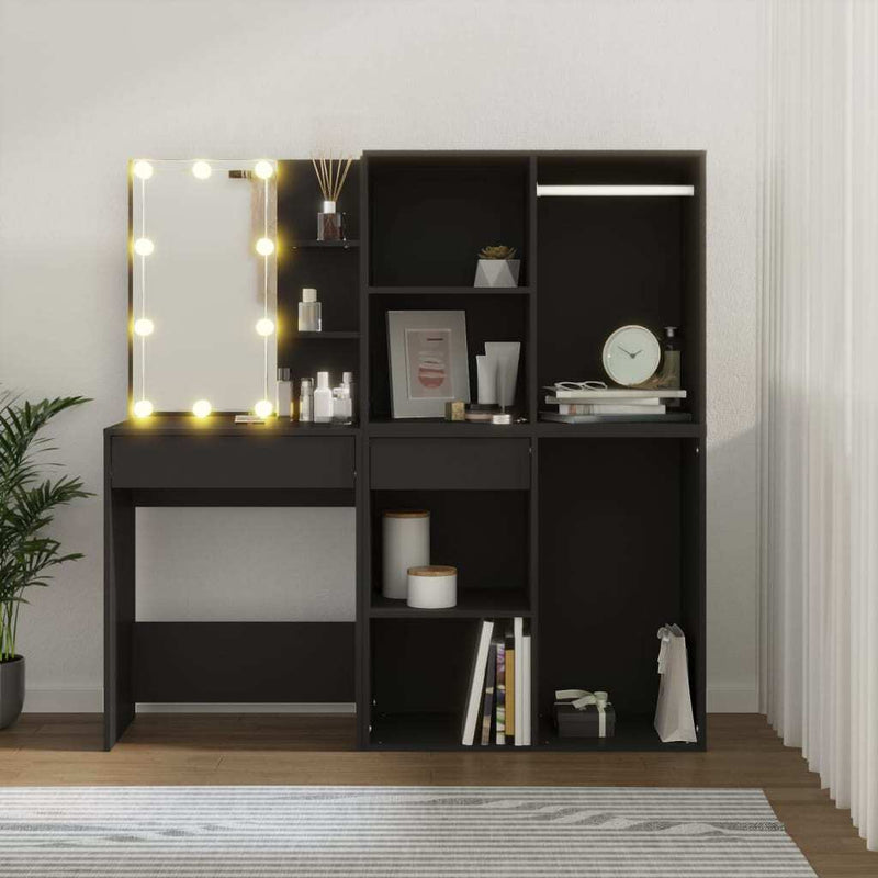 LED Dressing Table with Cabinets Black Engineered Wood