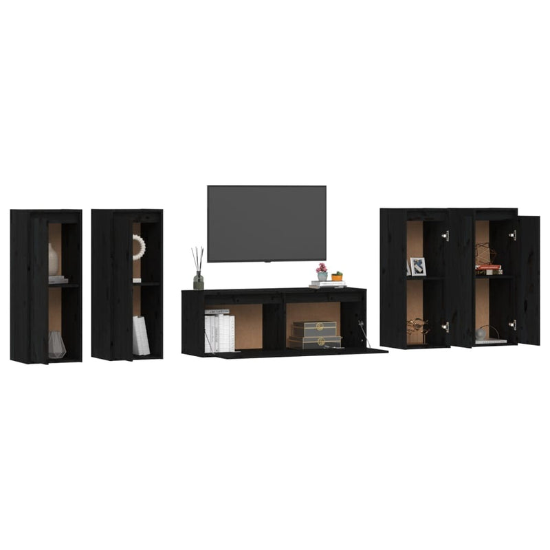 TV Cabinets 5 pcs Black Solid Wood Pine