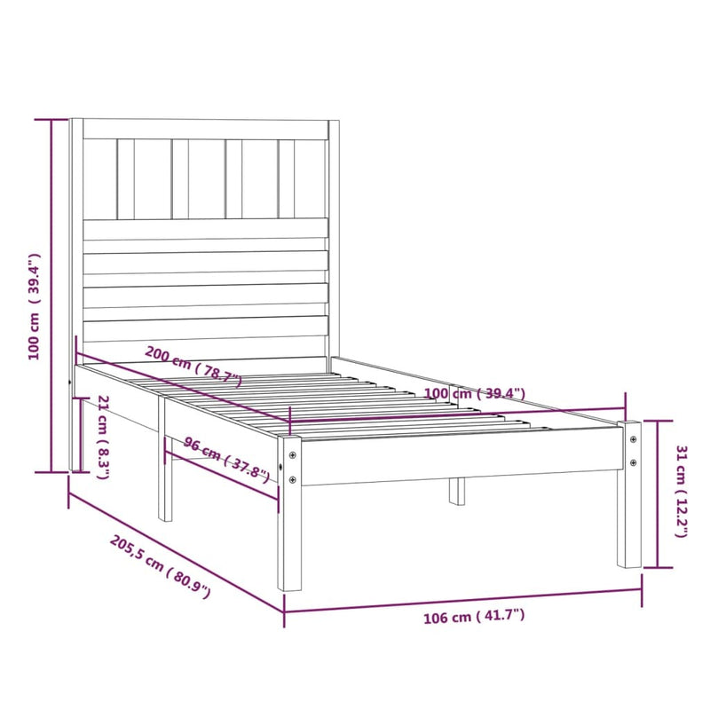 Bed Frame without Mattress Black Solid Wood Pine 100x200 cm