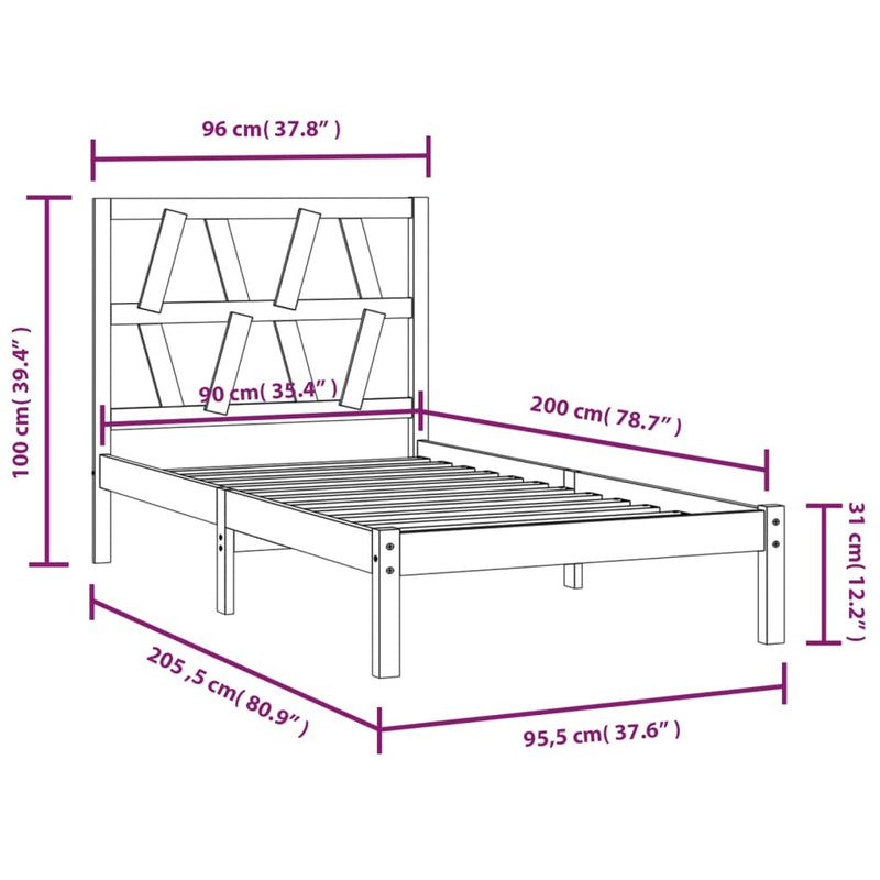 3103983  Bed Frame without Mattress Solid Wood 90x200 cm (810002+818600)