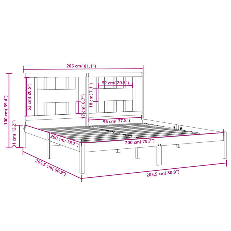 3104087  Bed Frame without Mattress Black Solid Wood 200x200 cm (810041+818694)