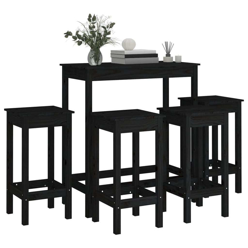 5 Piece Bar Set Black Solid Wood Pine