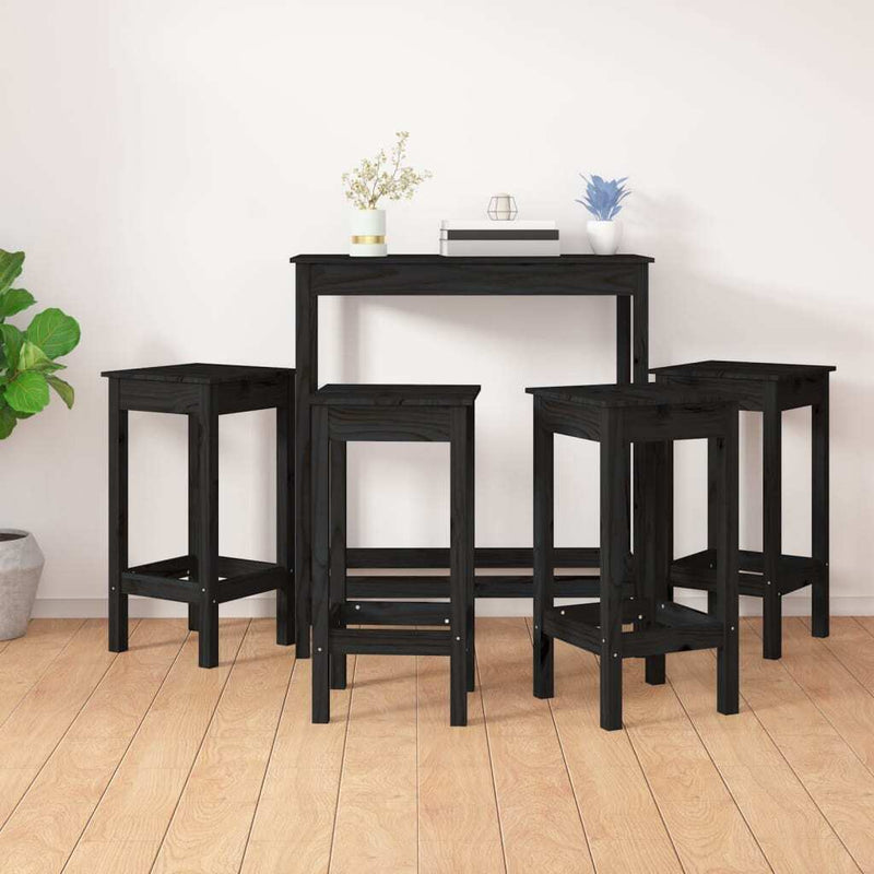 5 Piece Bar Set Black Solid Wood Pine