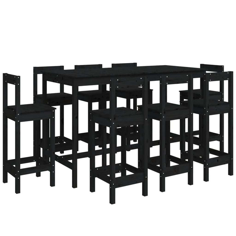 9 Piece Bar Set Black Solid Wood Pine