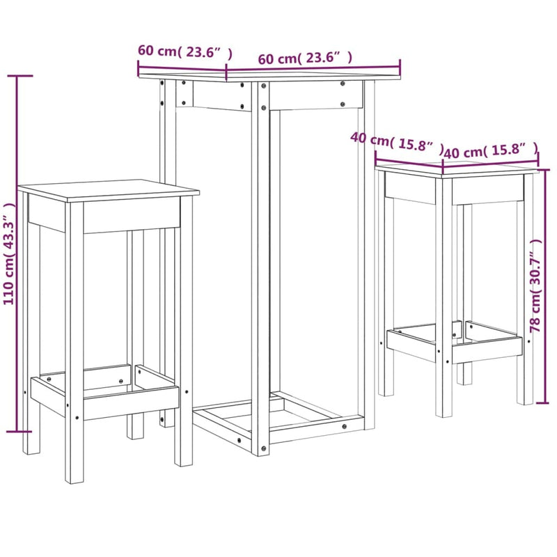 3 Piece Bar Set Solid Wood Pine