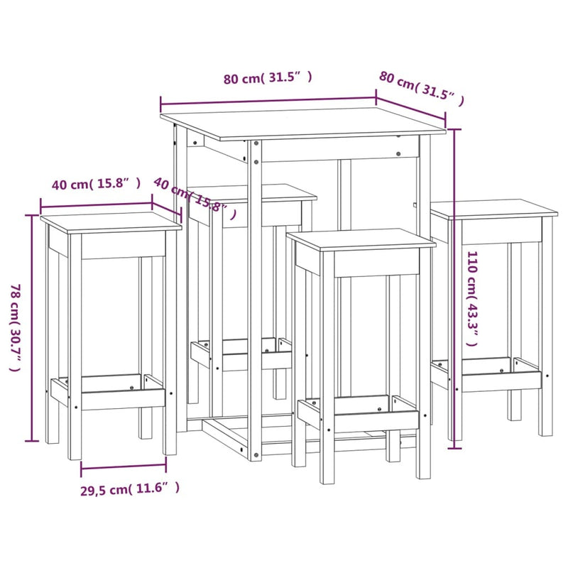 5 Piece Bar Set Solid Wood Pine