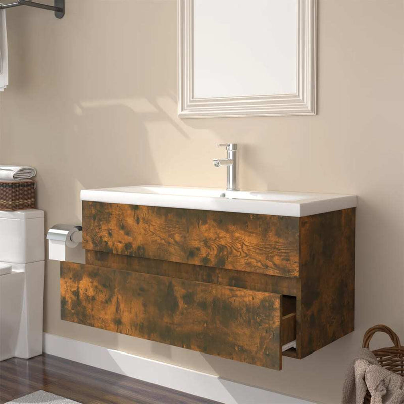 Sink Cabinet with Built-in Basin Smoked Oak Engineered Wood