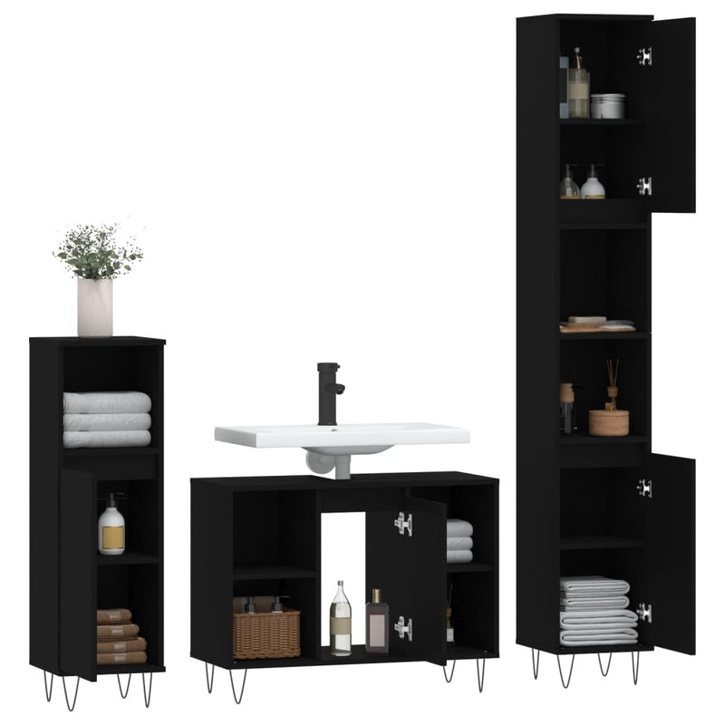 3 Piece Bathroom Furniture Set Black Engineered Wood