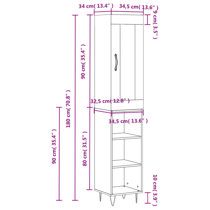 Highboard High Gloss White 34.5x34x180 cm Engineered Wood