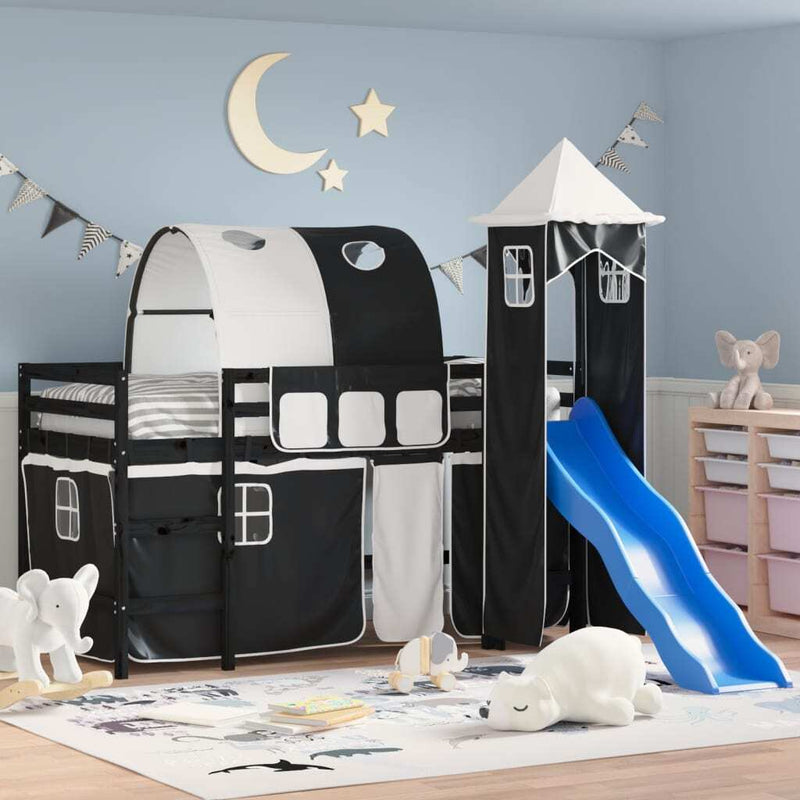 Kids' Loft Bed with Tower without Mattress White&Black 90x190cm