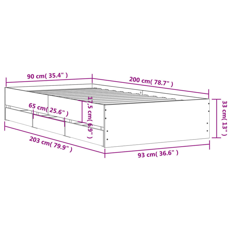 Bed Frame with Drawers without Mattress White 90x200 cm