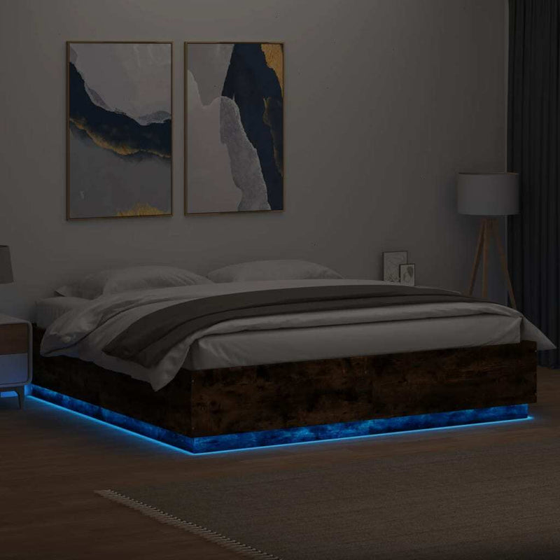 Bed Frame with LED without Mattress Smoked Oak 200x200 cm