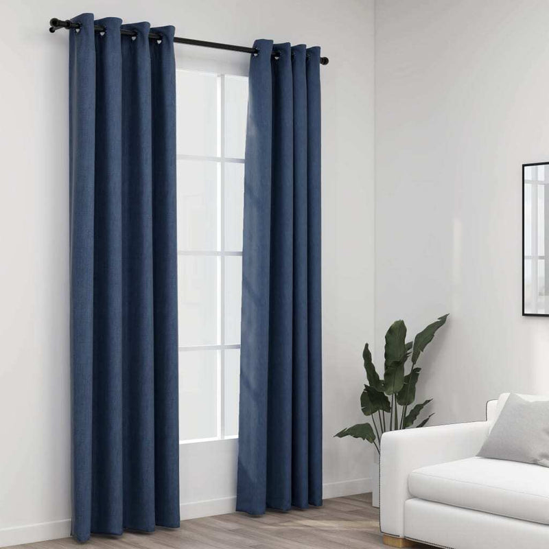 Linen-Look Blackout Curtains with Grommets 2 pcs Blue 140x245cm