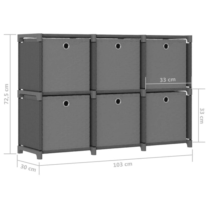 6-Cube Display Shelf with Boxes Grey 103x30x72.5 cm Fabric