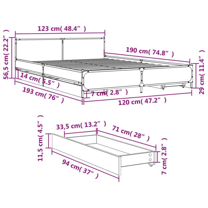 Bed Frame with Drawers without Mattress Sonoma Oak 120x190 cm Small Double