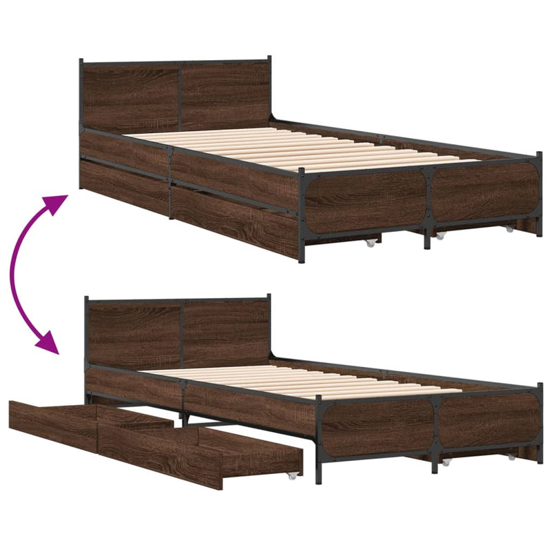 Bed Frame with Drawers without Mattress Brown Oak 75x190 cm Small Single