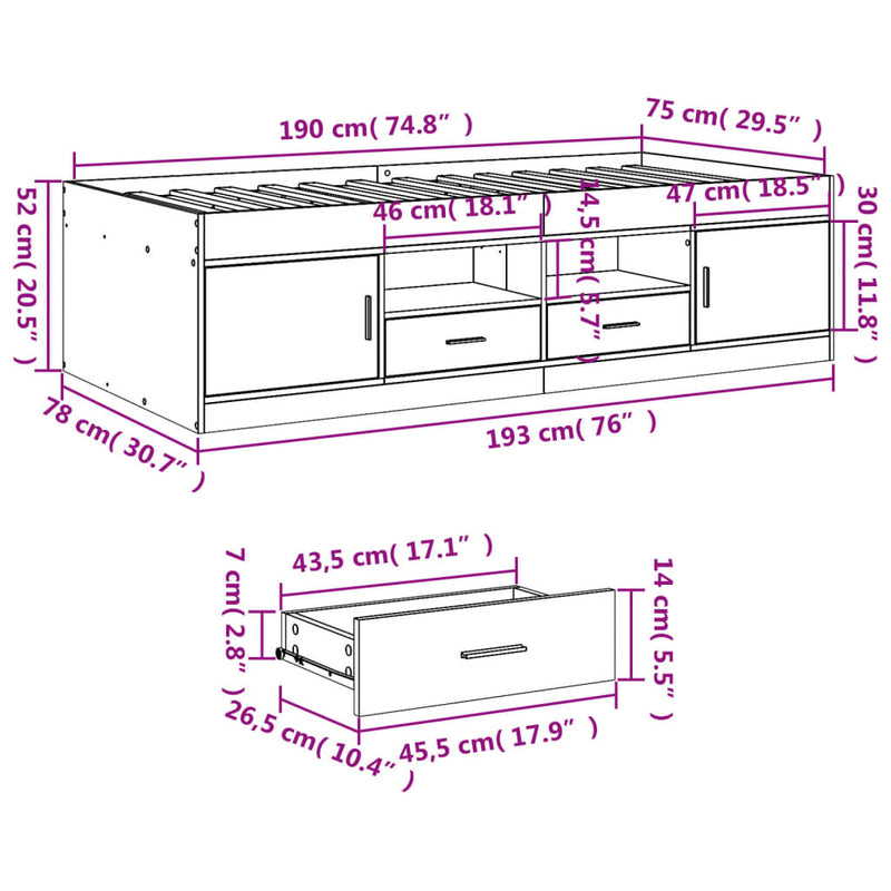 Daybed with Drawers without Mattress Smoked Oak 75x190 cm Small Single