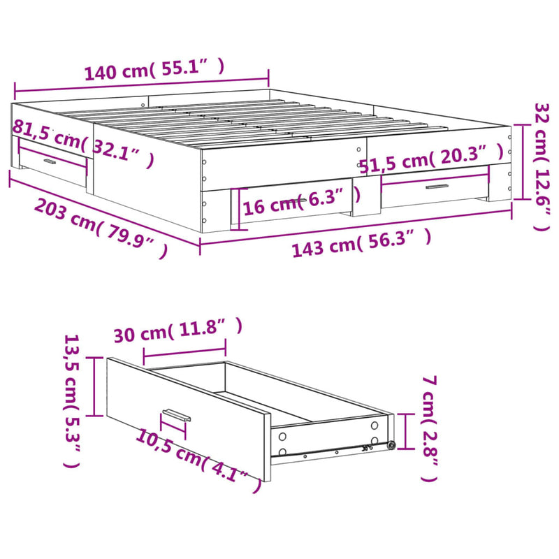 Bed Frame with Drawers without Mattress Concrete Grey 140x200 cm