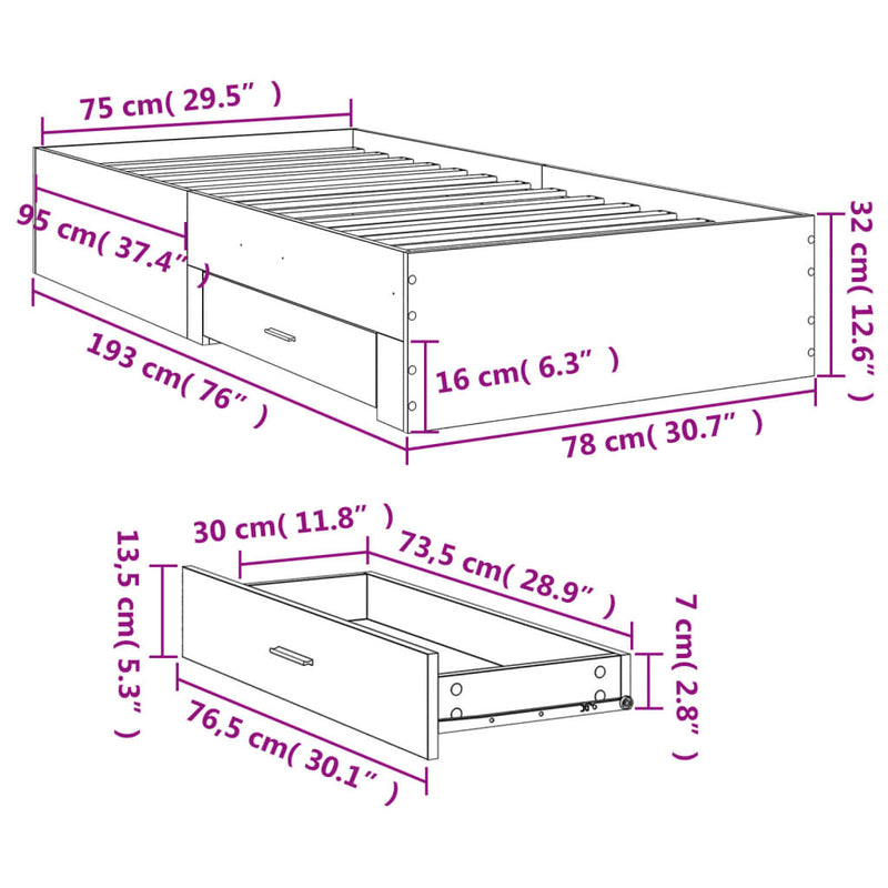 Bed Frame with Drawers without Mattress White 75x190 cm Small Single