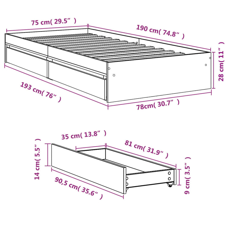 Bed Frame with Drawers without Mattress Black 75x190 cm Small Single