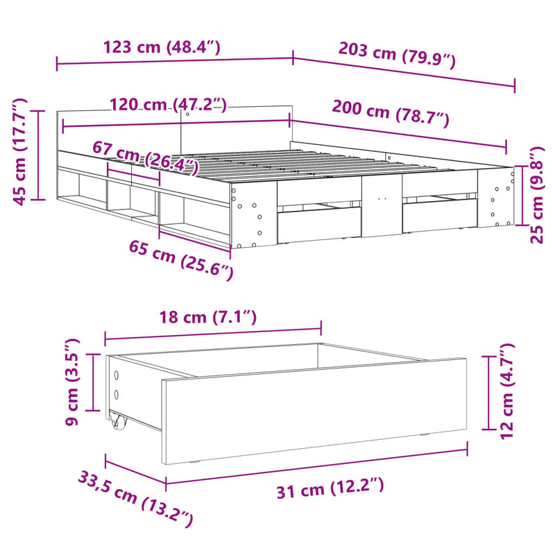 Bed Frame with Drawers without Mattress Concrete Grey 120x200 cm