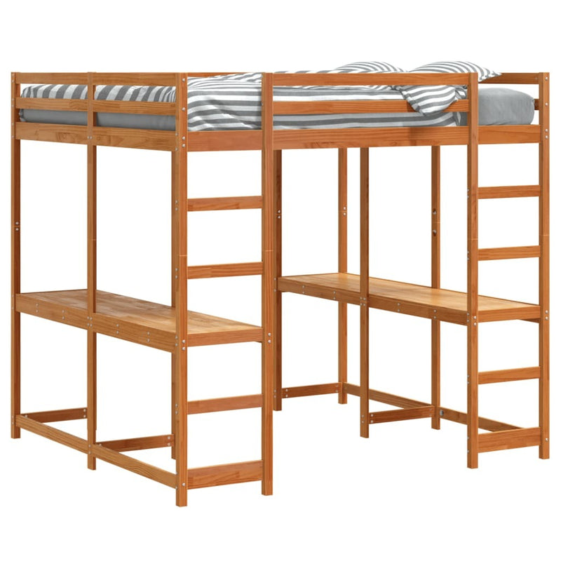 Loft Bed with Desk and Ladder Wax Brown 180x200 cm Super King Solid Wood Pine