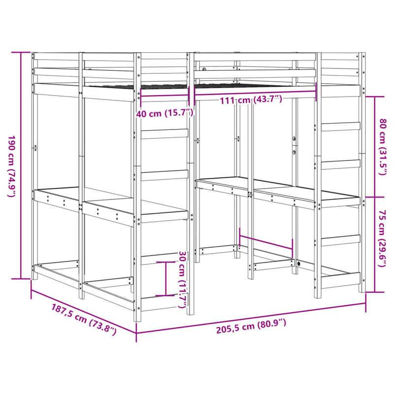 Loft Bed with Desk and Ladder Wax Brown 180x200 cm Super King Solid Wood Pine