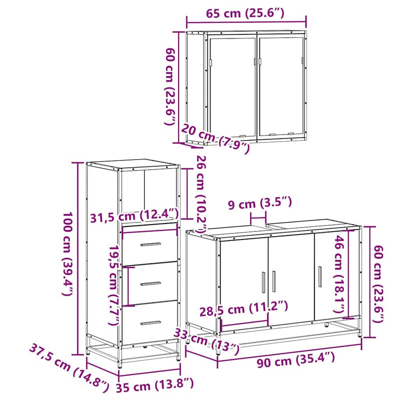 3 Piece Bathroom Furniture Set Grey Sonoma Engineered Wood