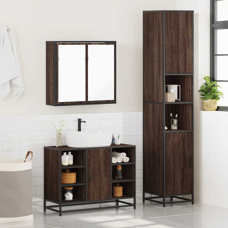 3 Piece Bathroom Furniture Set Brown Oak Engineered Wood