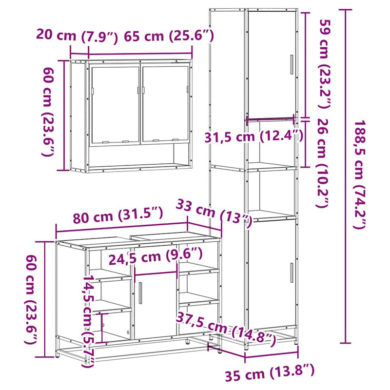 3 Piece Bathroom Furniture Set Brown Oak Engineered Wood