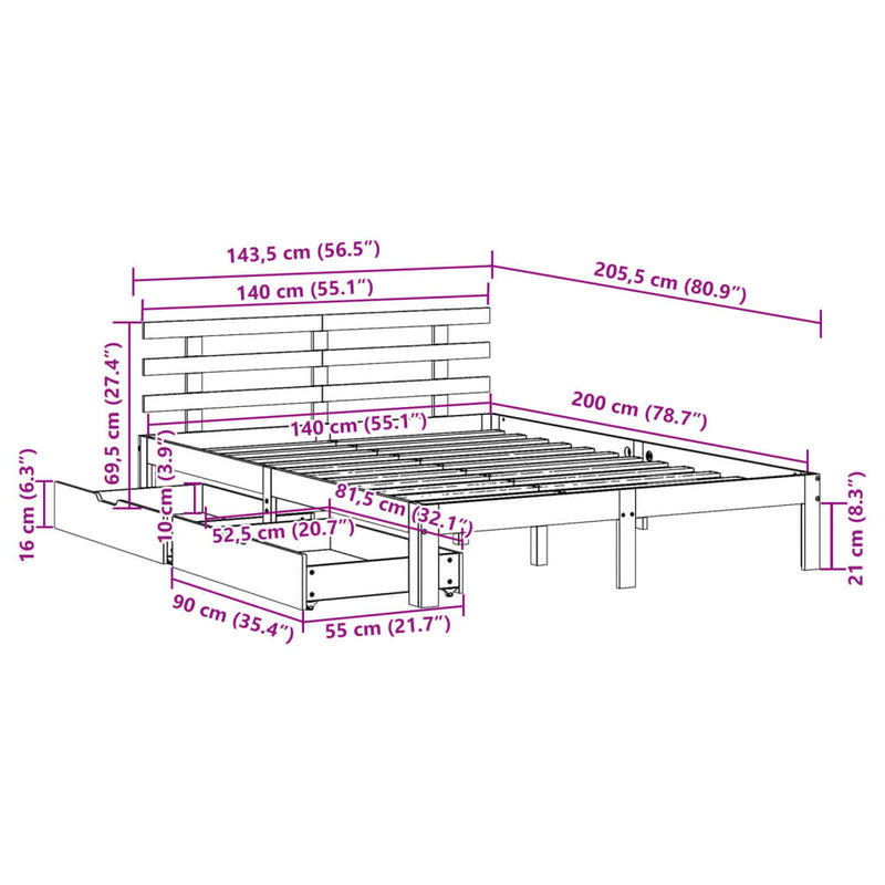 Bed Frame with Drawers without Mattress Wax Brown 140x200 cm