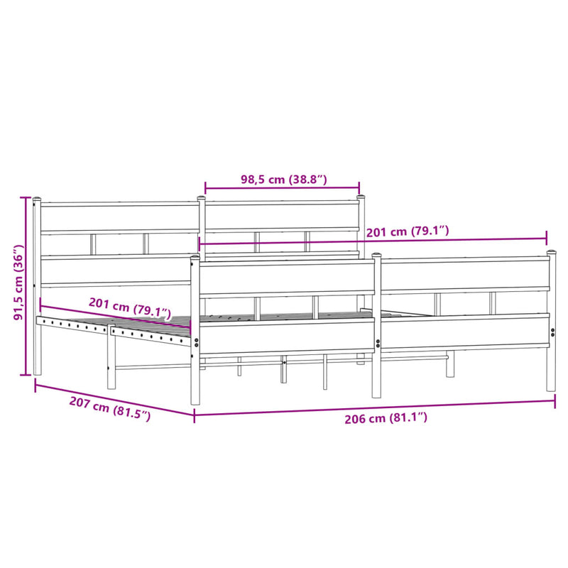 Metal Bed Frame without Mattress Smoked Oak 200x200 cm