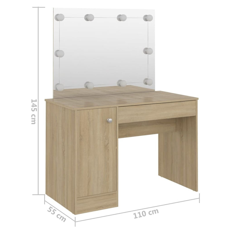 Makeup Table with LED Lights 110x55x145 cm MDF Oak