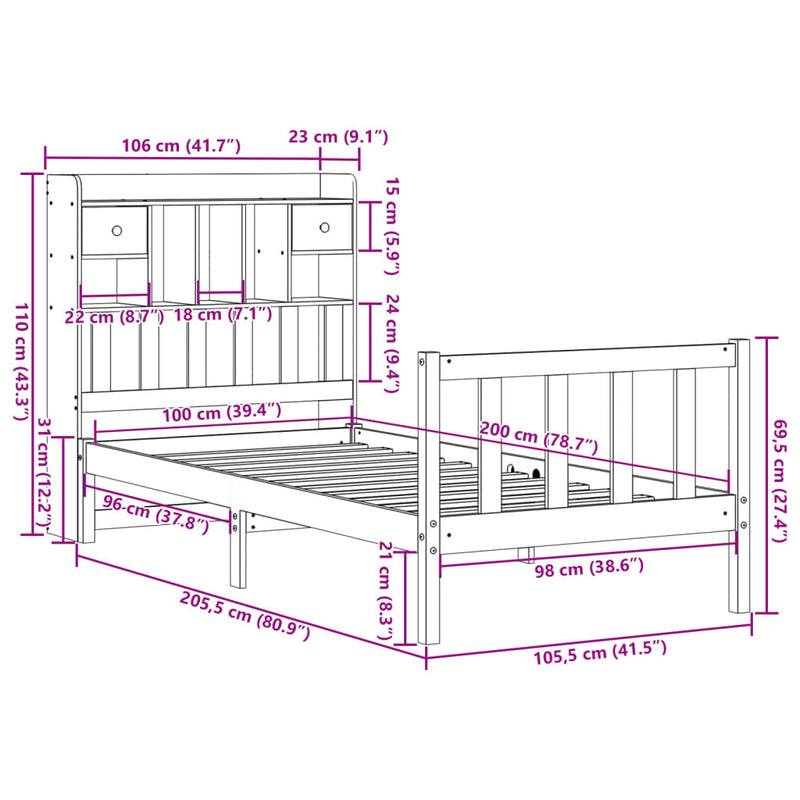 Bookcase Bed without Mattress 100x200 cm Solid Wood Pine