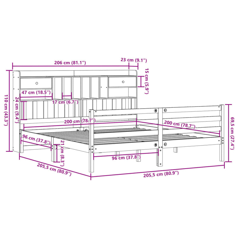 Bookcase Bed without Mattress White 200x200 cm Solid Wood Pine