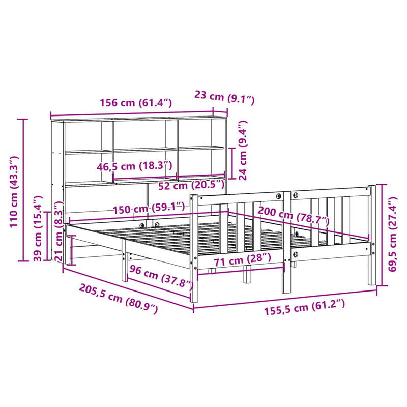 Bookcase Bed without Mattress 150x200cm King Size Solid Wood Pine