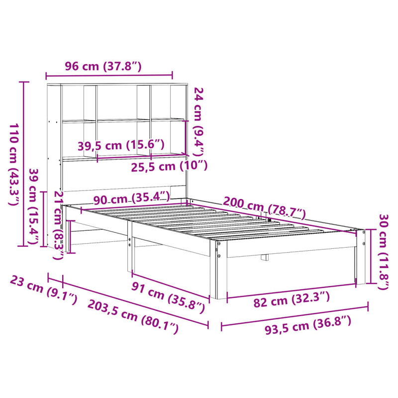 Bookcase Bed without Mattress Wax Brown 90x200cm Solid Wood Pine