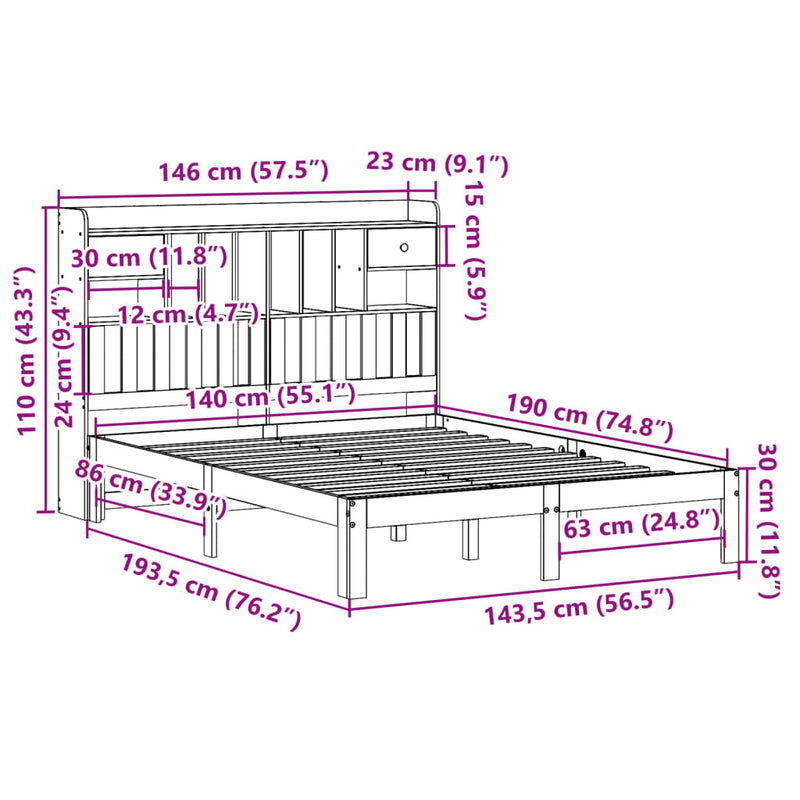 Bookcase Bed without Mattress 140x190cm Solid Wood Pine