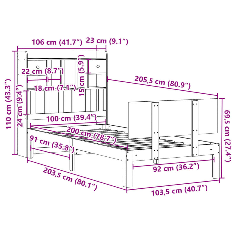 Bookcase Bed without Mattress 100x200cm Solid Wood Pine