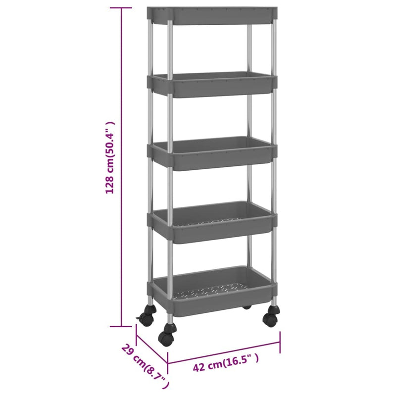 5-Tier Kitchen Trolley Grey 42x29x128 cm Iron and ABS