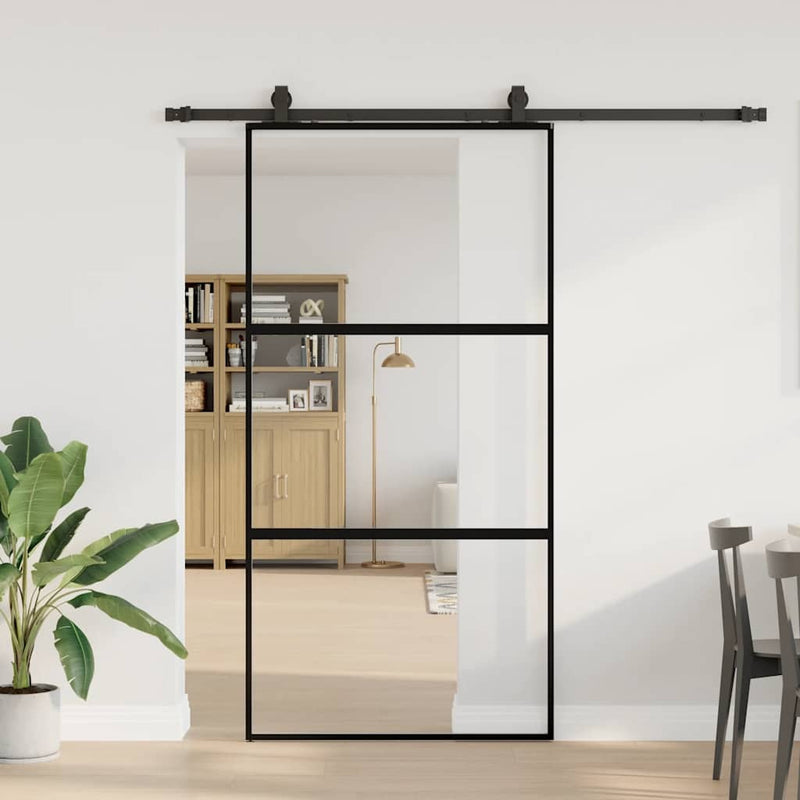 Sliding Door with Hardware Set Black 102.5x205 cm Tempered Glass