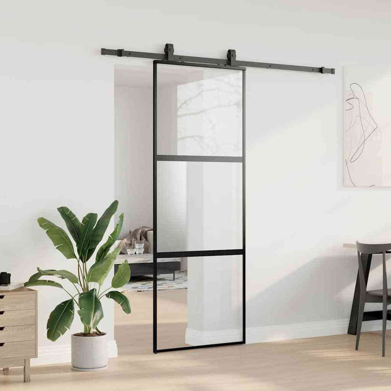 Sliding Door with Hardware Set Black 76x205 cm Tempered Glass